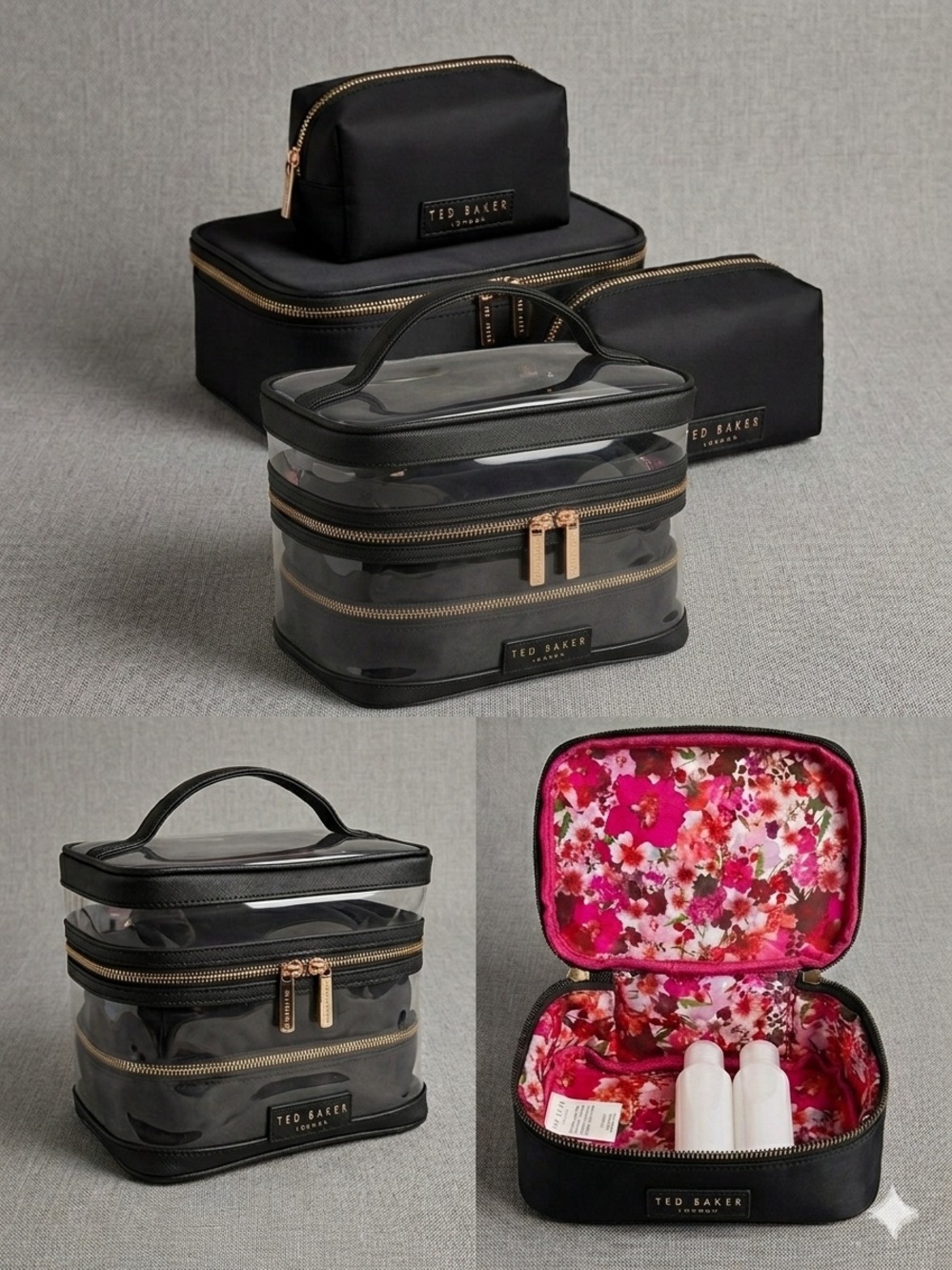 Ted Baker Black & Rose Gold Clear Travel Cosmetic Set new